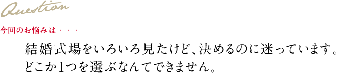 Question 今回のお悩みは・・・ 結婚式場をいろいろ見たけど、決めるのに迷っています。 どこか1つを選ぶなんてできません。