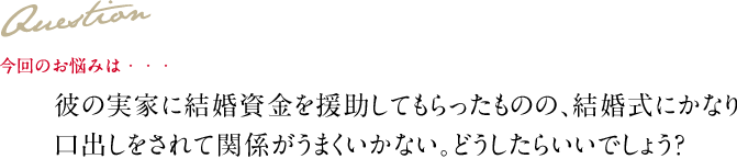 Question 今回のお悩みは・・・ 彼の実家に結婚資金を援助してもらったものの、結婚式にかなり口出しをされて関係がうまくいかない。どうしたらいいでしょう？